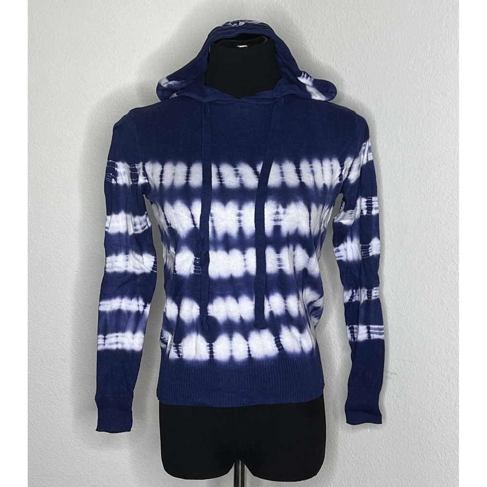 Aqua Womens Pullover Sweater XS Navy Blue Tie‎ Dye Stripes Long Sleeve Hooded